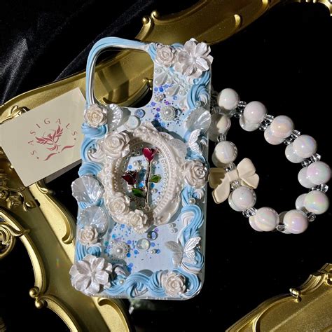 Elegant Pastel Blue Red Rose Decoden Phone Case With Custom Matching