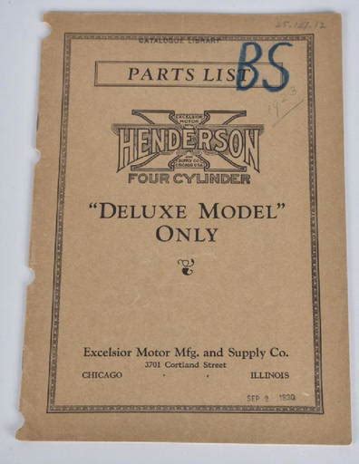 1930 Henderson Motorcycle Parts List Catalog