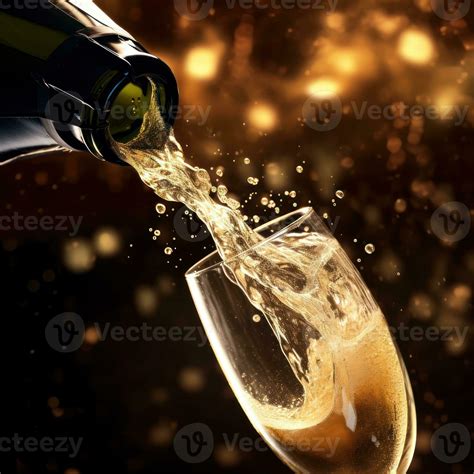 Close Up Of A Popping Champagne With Golden Bubbles Bottle Pour In Champagne Glass Generative