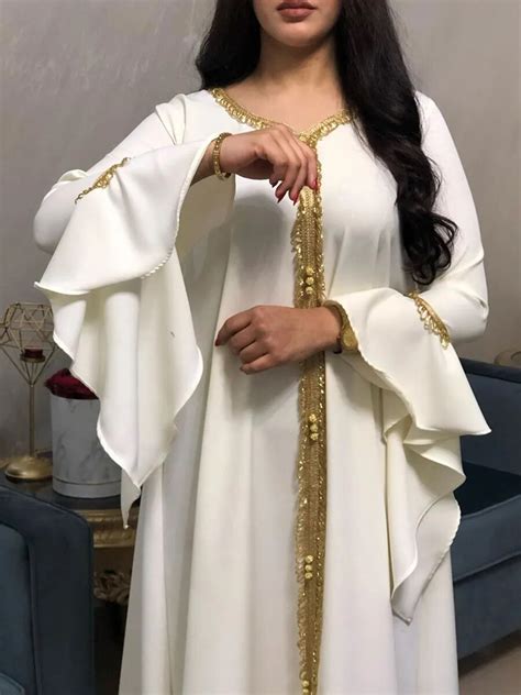 Siskakia Jalabiya Robe Kaftan Ample Avec Ruban Dor Et Pour Femme V