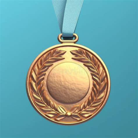 Blank Bronze Medal With Colorful Ribbon Isolated On A Blue Background