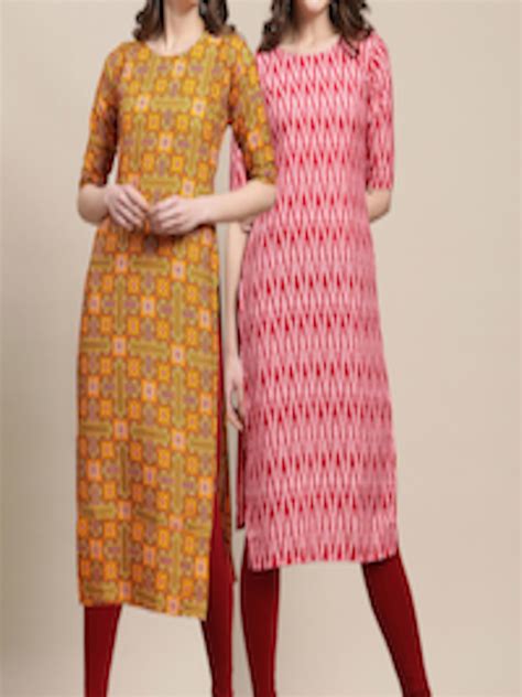 Buy Kalini Women Pack Of 2 Yellow And Red Ethnic Motifs Printed Crepe