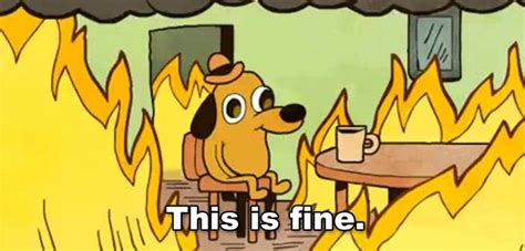 a cartoon dog sitting in front of a fire with the caption it's fine