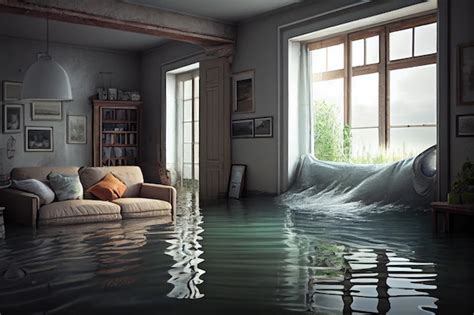 Águas de inundação na sala da casa inundada perto de janelas água