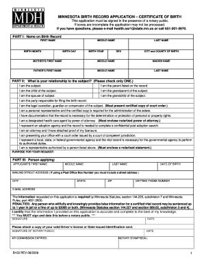 Fillable Online Minnesota Birth Record Application Form Mille Lacs