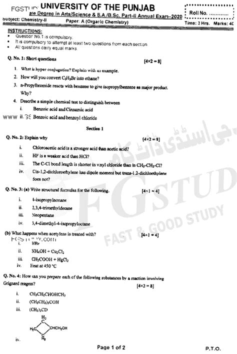 Bsc Part Chemistry Organic Chemistry Past Paper Punjab University