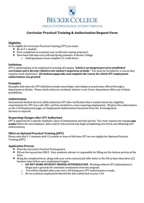 Curricular Practical Training And Authorization Request Form Printable