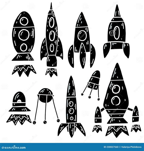 Set Of Black Print With Contour Space Ships And Ufo Outline