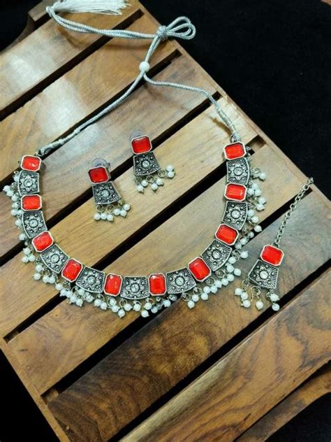 Buy Shreevaani Oxidized Silver Stone Studded Necklace Earrings And