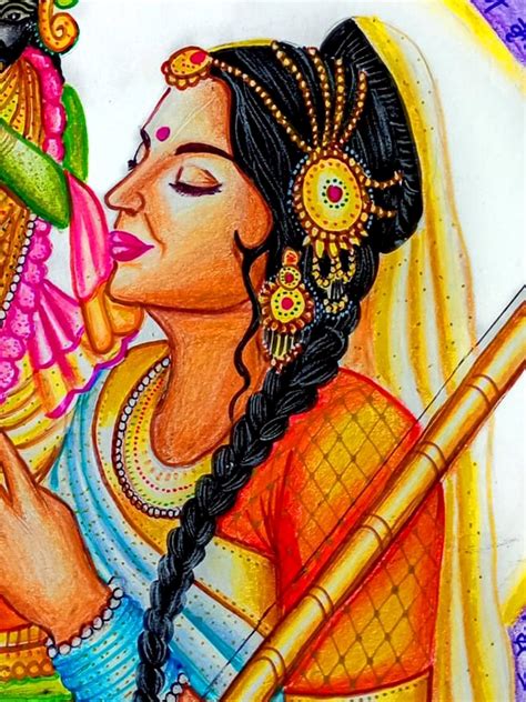 Krishna And Meera Bai | Pencil Color | Samata Ghosh | Exotic India Art