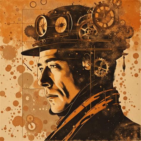 Flat Portrait Steampunk Groovy Splatter Edo Art Woodblock Print