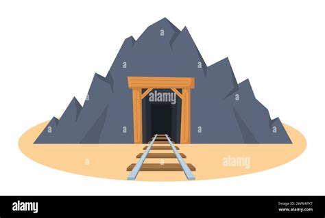 Mine Cave Entrance With Railway Rock Stone Shaft With Wooden Planks