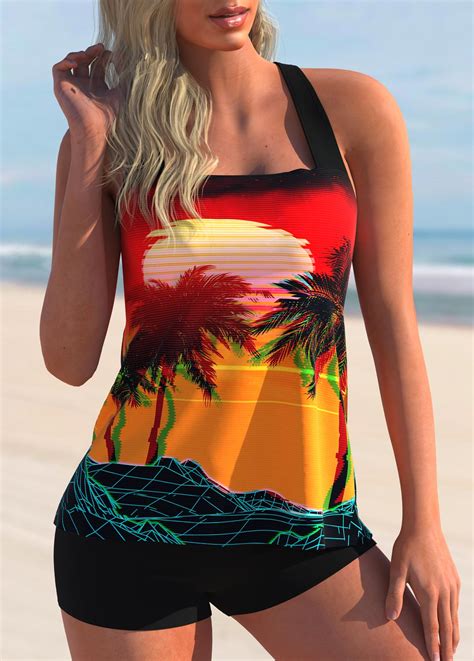 ROTITA Criss Cross Back Scape Print Wide Strap Tankini Set Rotita