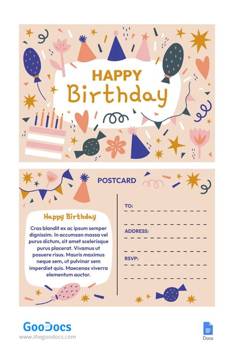 a birthday postcard with balloons, stars and confetti on the front side