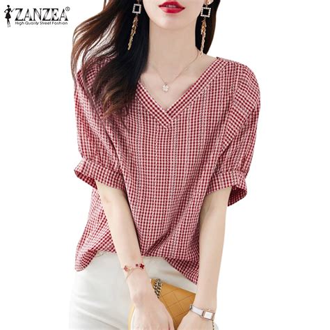 Zanzea Women Korean Fashion Short Sleeves V Neck Floral Printing Blouses Shopee Singapore