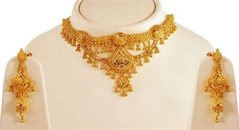 22kt Gold Choker Necklace Set Ajns62431 22k Gold Indian Design Choker Necklace And Earring