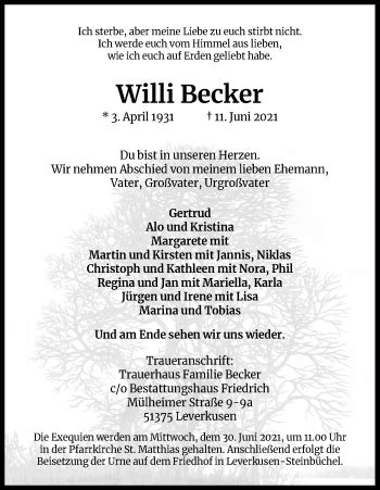 Traueranzeigen Von Willi Becker Wirtrauern