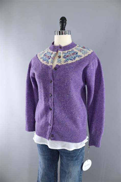 Vintage Purple Wool Fair Isle Cardigan Sweater Shetland Scotland Thisbluebird