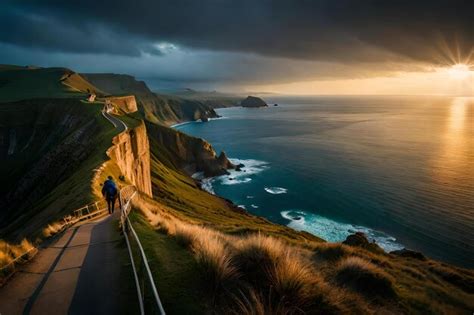 Premium Ai Image A Man On A Bike Rides Along A Path By The Sea