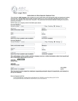 Fillable Online Authorization For Direct Deposits Employee Form