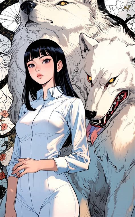 Stunning Anime Women Posing with Giant White Wolf by ThehackerArt on ...