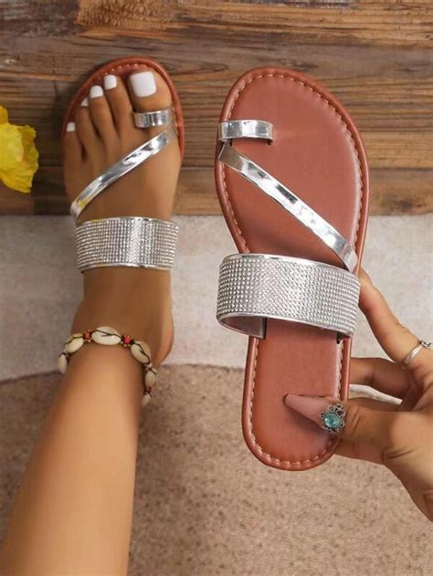 Women Metallic Rhinestone Decor Thong Sandals Sequins Glamorous Sandals Silver Shein Usa