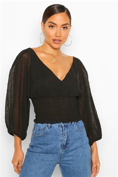 Womens Black Woven Textured Shirred Waist Blouse Boohoo Uk