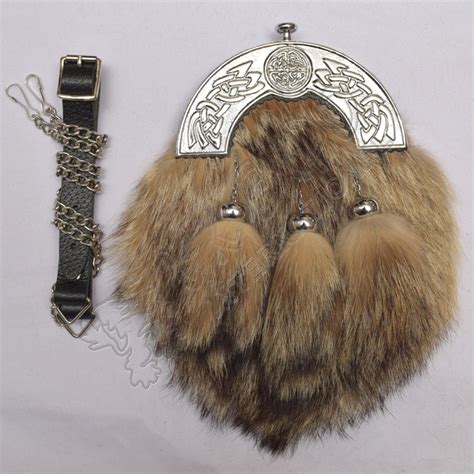 Celtic Chrome Cantle With Brown Fox Fur Full Dress Sporran