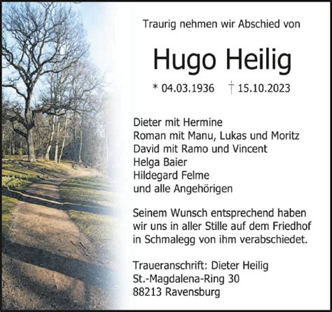 Traueranzeigen Von Hugo Heilig Schwaebische De Trauerportal