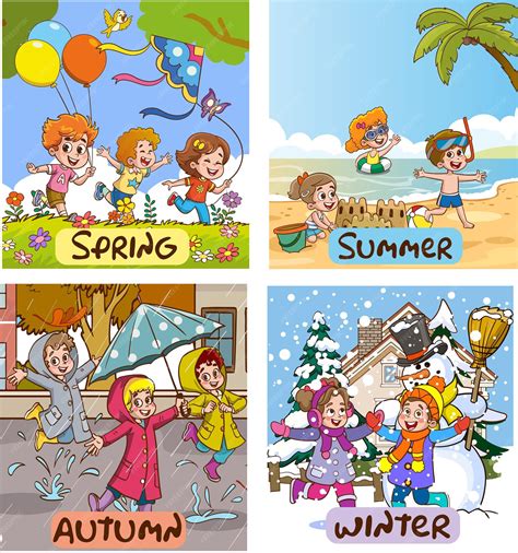 Premium Vector Vector Illustration Of Four Seasons With Cartoon Kid