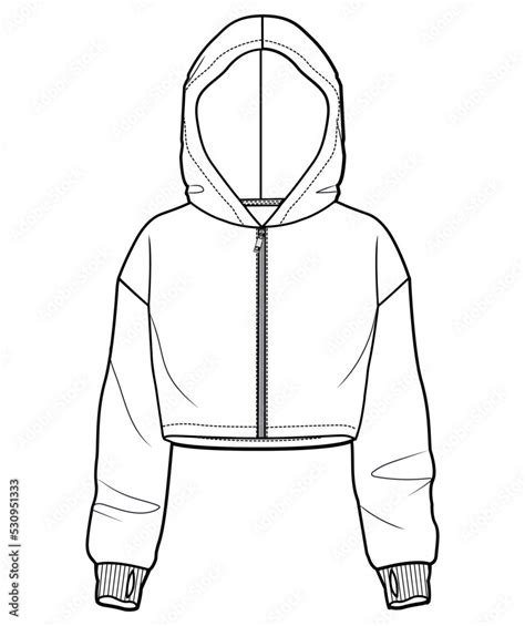 Womens Open Zipper Long Sleeve Cropped Hooded Sweatshirt Flat Sketch