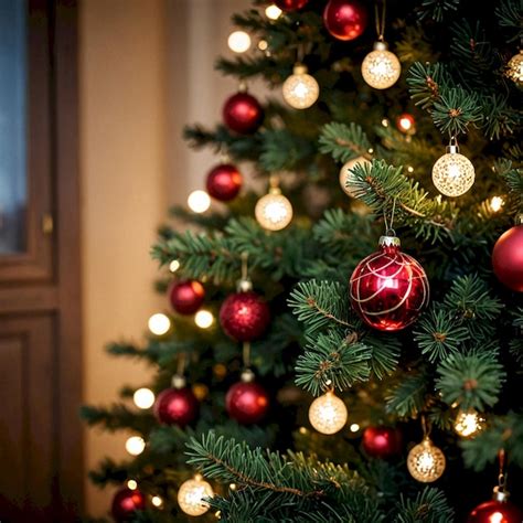 Un Rbol De Navidad Con Una Bola Roja Y Una Puerta En El Fondo Foto