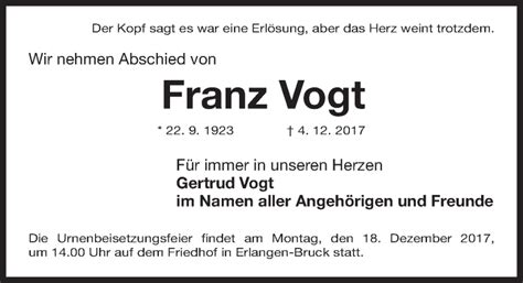 Traueranzeigen Von Franz Vogt Trauer Nn De