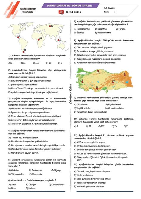 Coğrafyanın Kodları 9 sınıf coğrafya 1 dönem 2 yazılı 2023