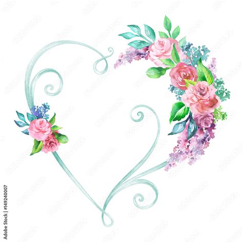 watercolor illustration, floral heart frame, decorative shape, wedding ...