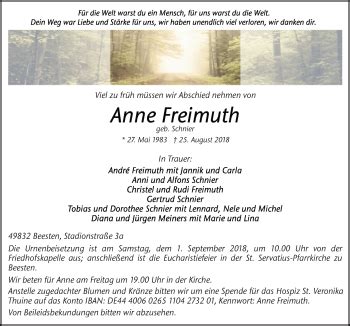 Traueranzeigen Von Anne Freimuth Noz Trauerportal