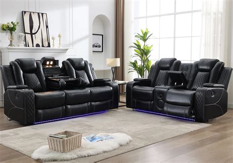 Aycp Multifunction Power Air Leather Recliner Sofa Set With Led Lights Living Room