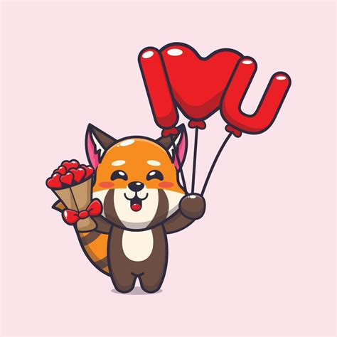 Cute Red Panda Cartoon Character Holding Love Balloon And Love Flowers