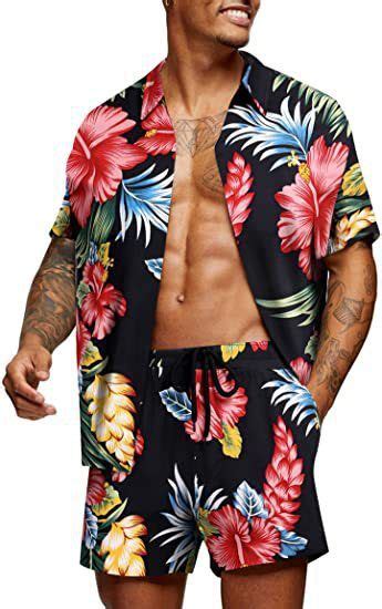 Two Piece Matching Hawaiian Style Short Sets Men Floral Shirt Casual