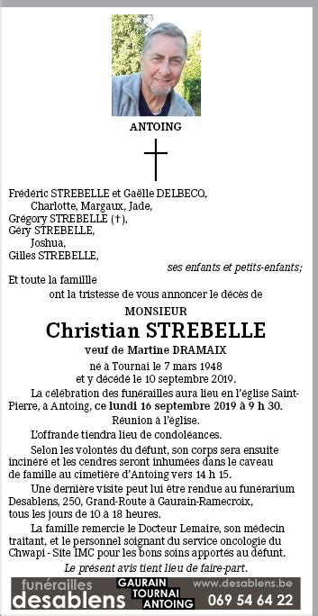 Christian Strebelle De Tournai Annonce De Décès Sur Enmemoire Be En