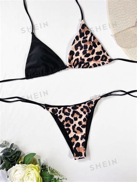 SHEIN Swim Spliced Leopard Bikini Set Halter Triangle Bra Thong 2