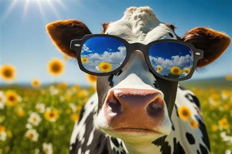 Cow Wearing Sunglasses In A Field Of Sunflowers Premium Ai Generated