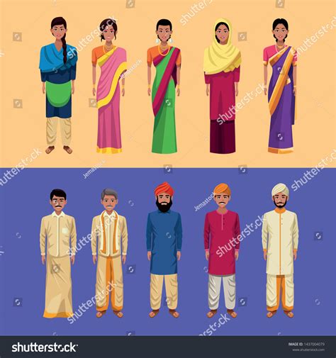 Indian Women Men Wearing Traditional Hindu Vetor Stock Livre De