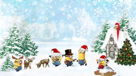 Minions Snow Play Winter Nature Background Wallpapers On Desktop