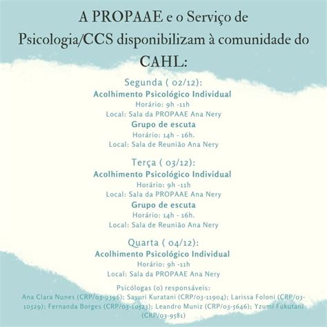 A O Conjunta Da Propaae O Servi O De Psicologia Ccs No Cahl Em