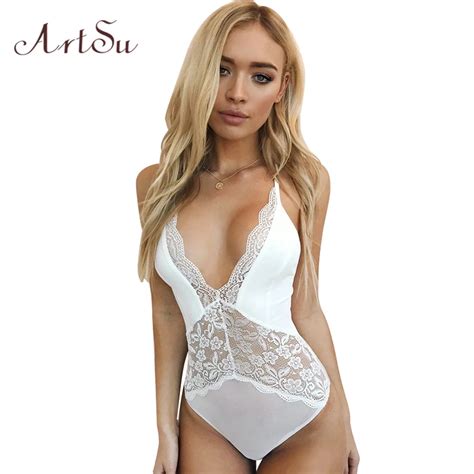 Artsu Sexy Lace Women Bodysuit Deep V White Jumpsuit Sleepwear Romper