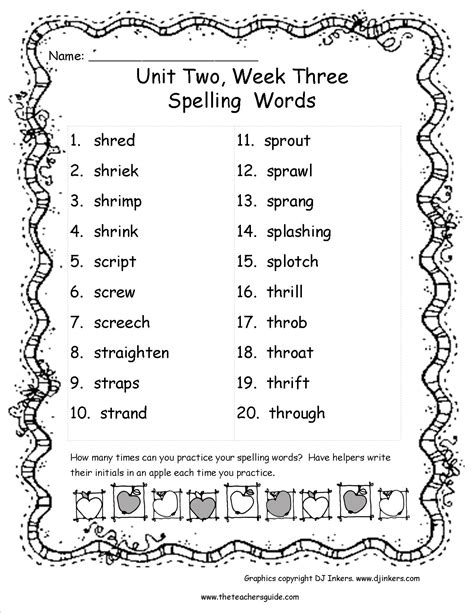 4th Grade Spelling List Worksheets