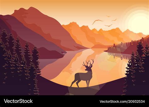 Mountain Landscape With Deer In Forest And Sunset Vector Image