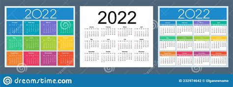 Calendário Colorido Para 2022 Ano Semana Começa Domingo Ilustração do