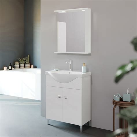 Mobile Bagno A Terra Cm Creta Bianco Lucido Con Lavabo E Specchio